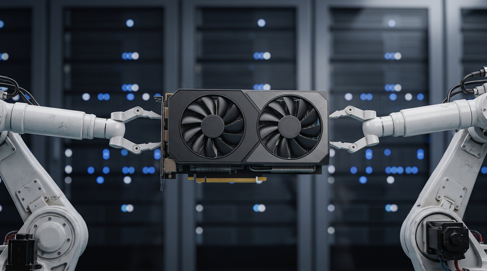 Two industrial robot arms, one on each side, both gripping the same graphics card in front of server racks.