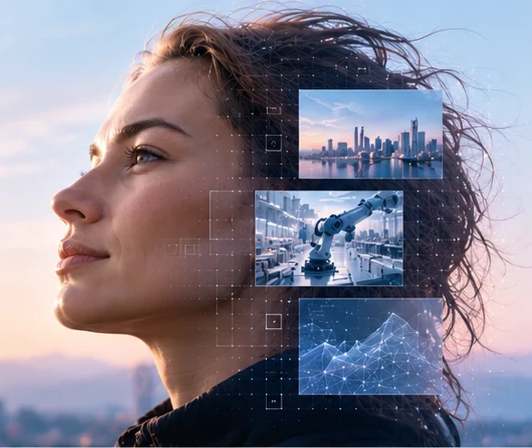 A woman looking up into a dawn sky, beside three image panels: a city skyline, a robotic arm on a production floor, and a mesh of connected data points.