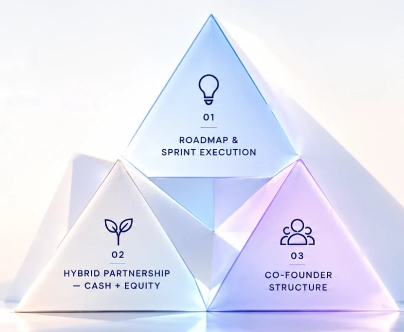 Three glass pyramids set together, one for each engagement model: 01 Roadmap & sprint execution, 02 Hybrid partnership (cash + equity), 03 Co-founder structure.