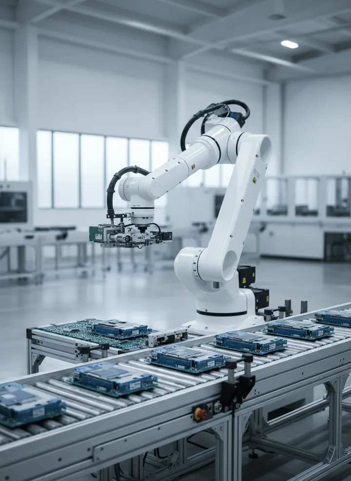 Illustration: a white robot arm over an electronics assembly line.