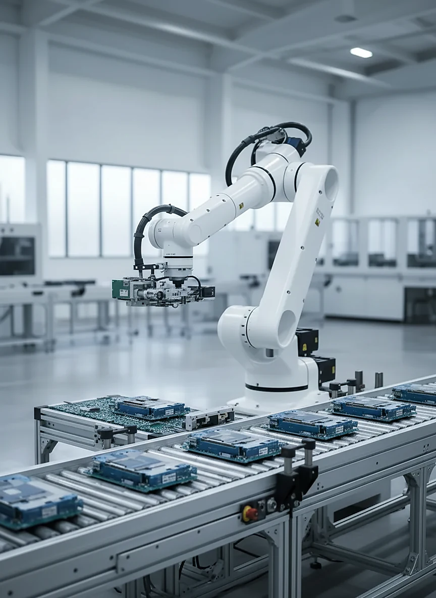 Illustration: a white robot arm over an electronics assembly line.