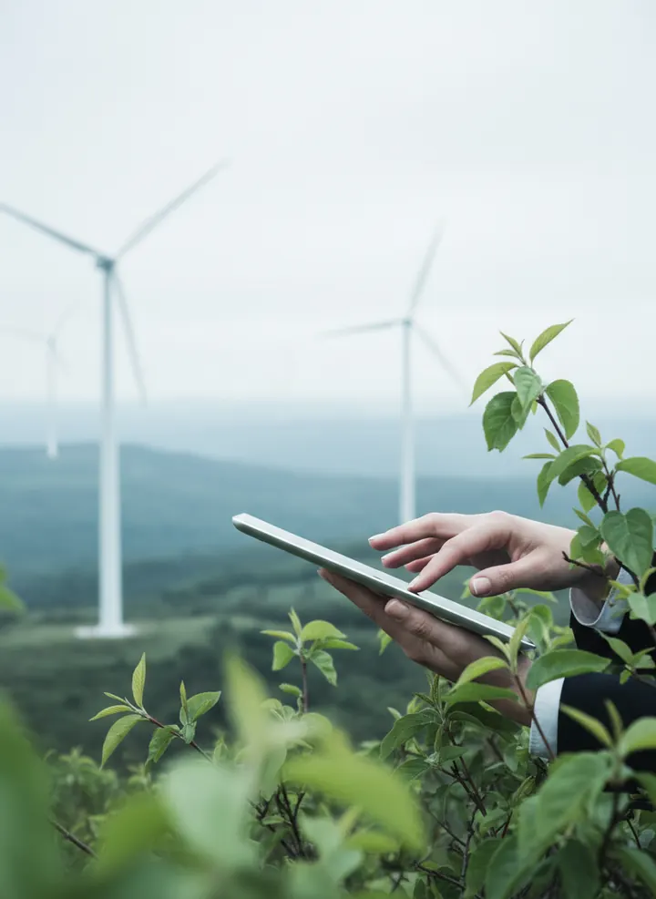 Illustration: a hand holds a tablet among green leaves, wind turbines behind.