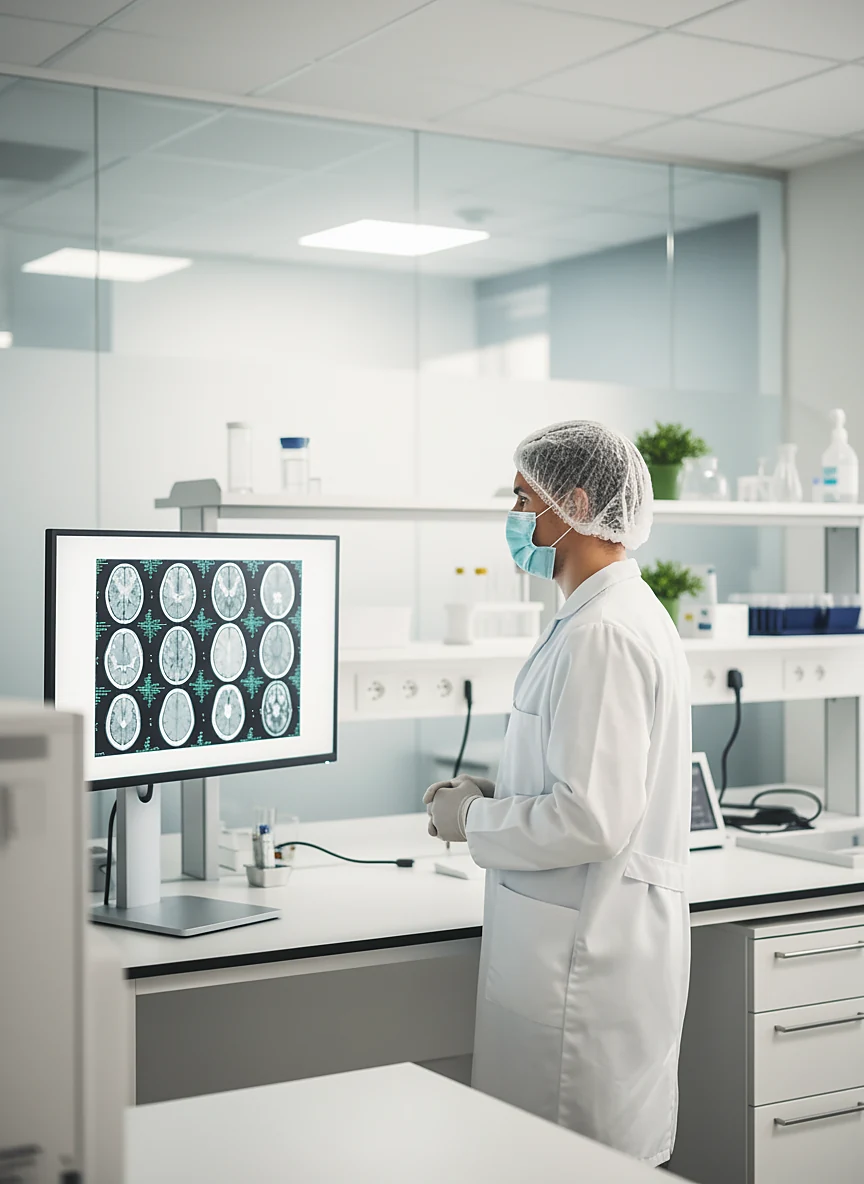 Illustration: a clinician in a lab studies brain scans on a monitor.