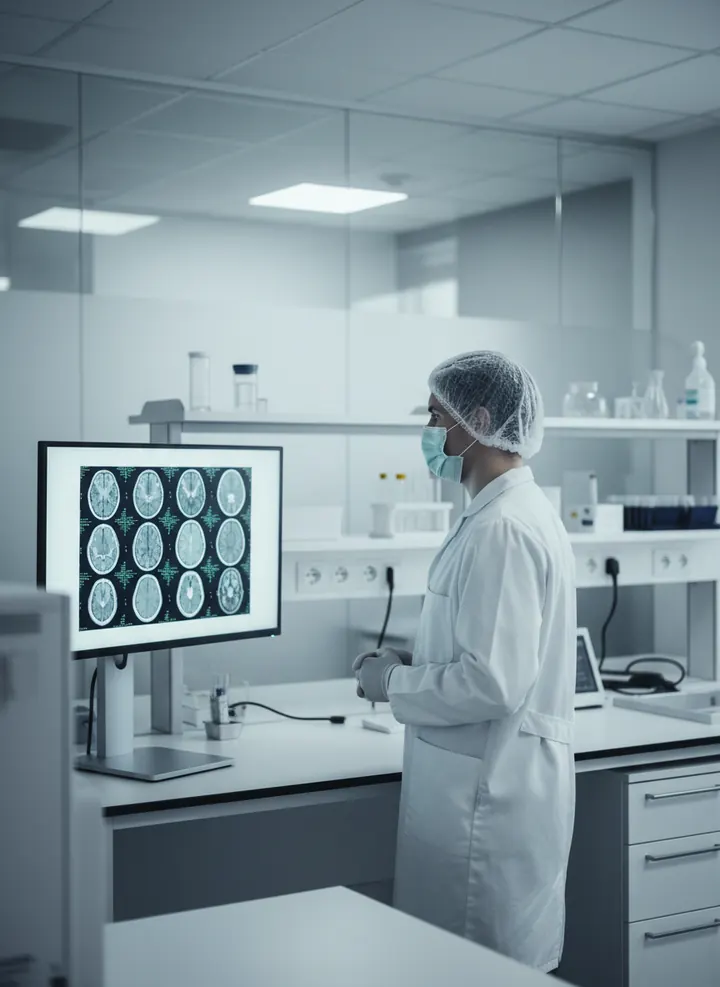 Illustration: a clinician in a lab studies brain scans on a monitor.