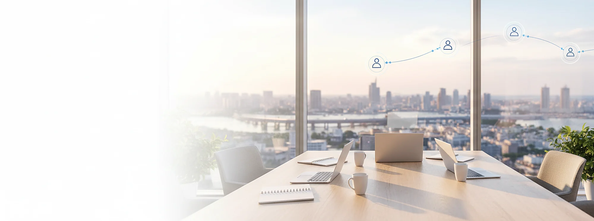 A bright meeting room by a window over a city: a white table with laptops, notebooks and coffee, and floating glass panels linking simple icons of people.